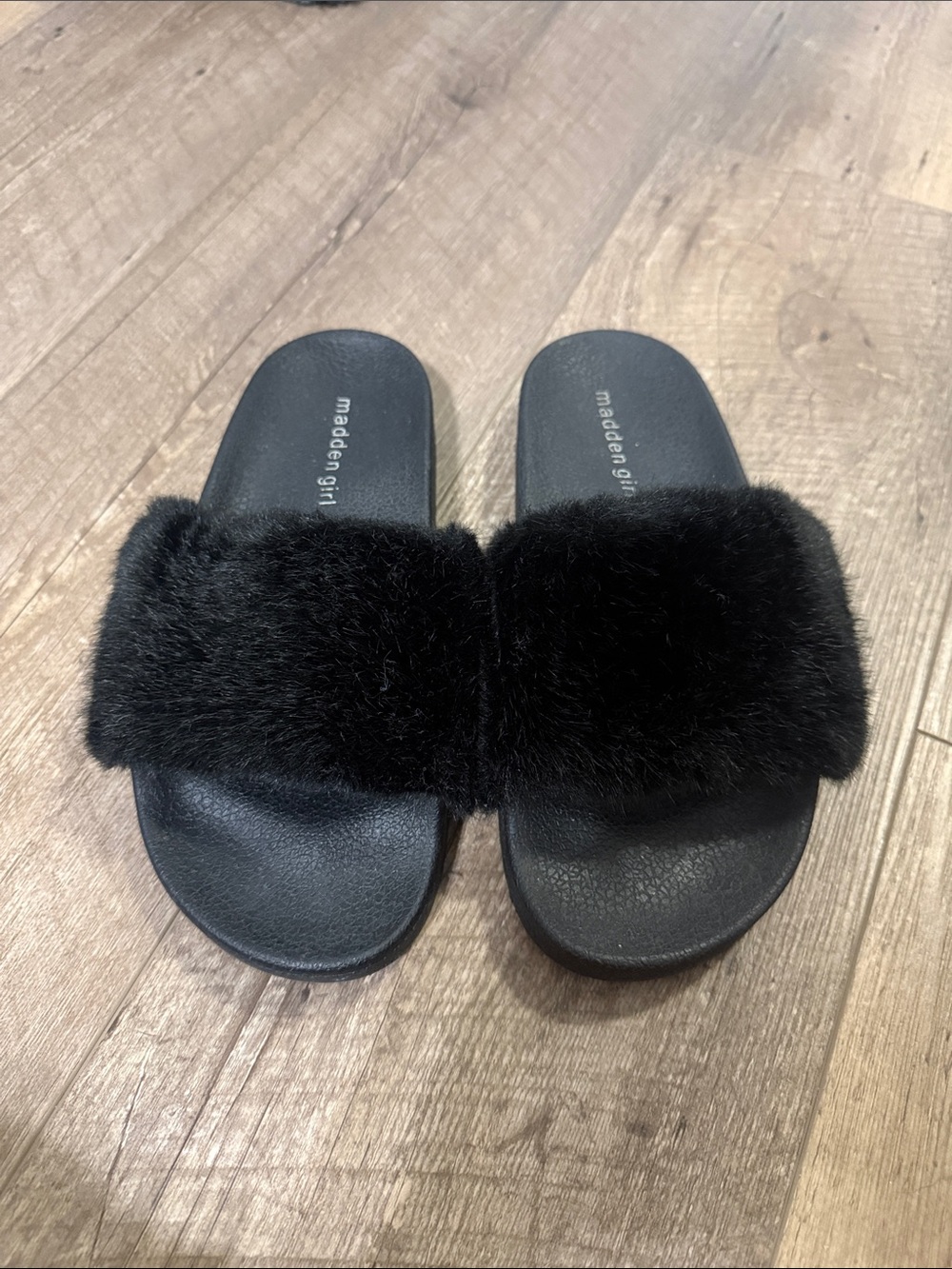 Madden Girl Black Faux Fur Slide Sandals